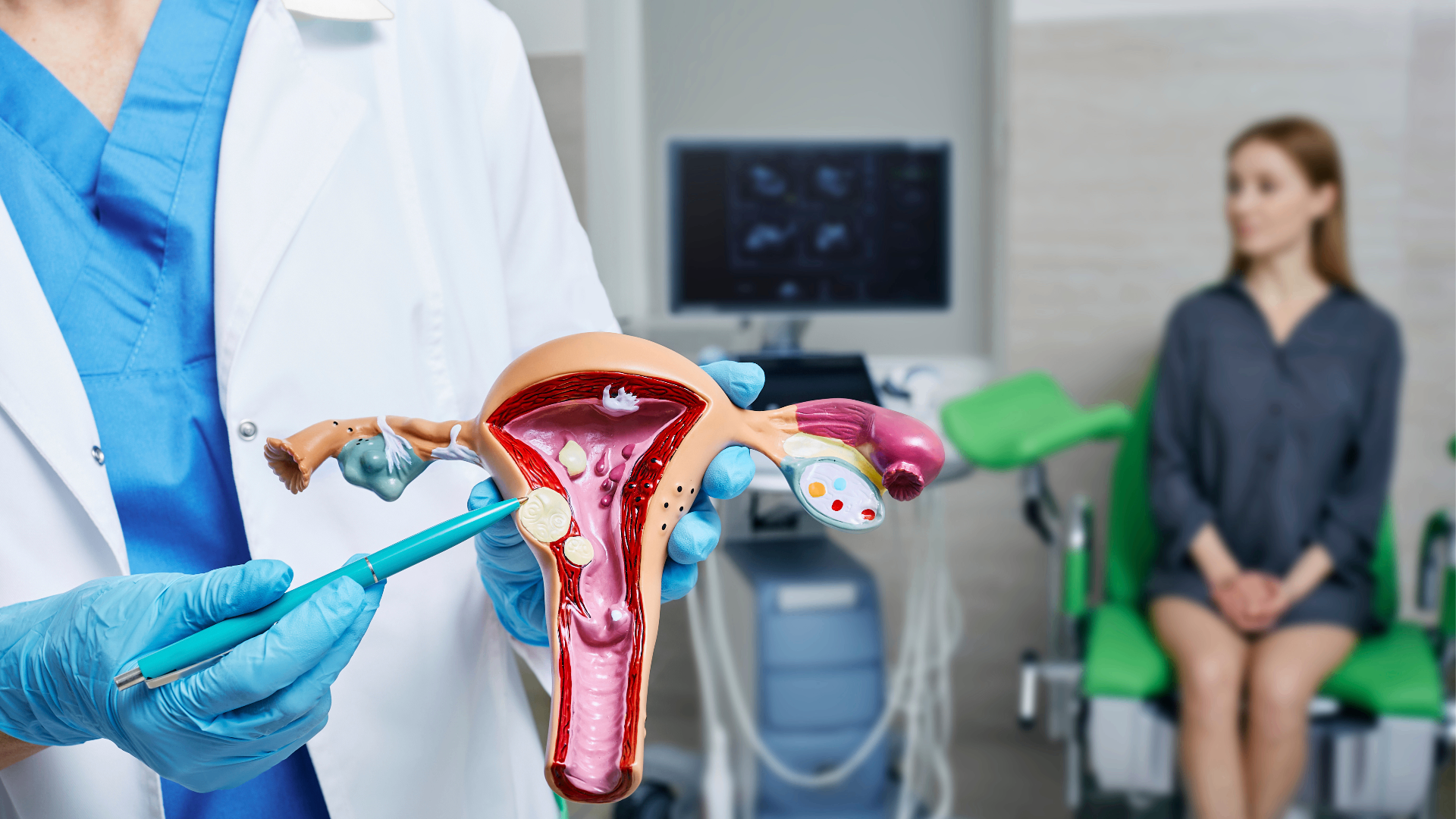 Consultation médicale : soignante présentant un modèle anatomique d'appareil reproducteur, patiente en arrière-plan.